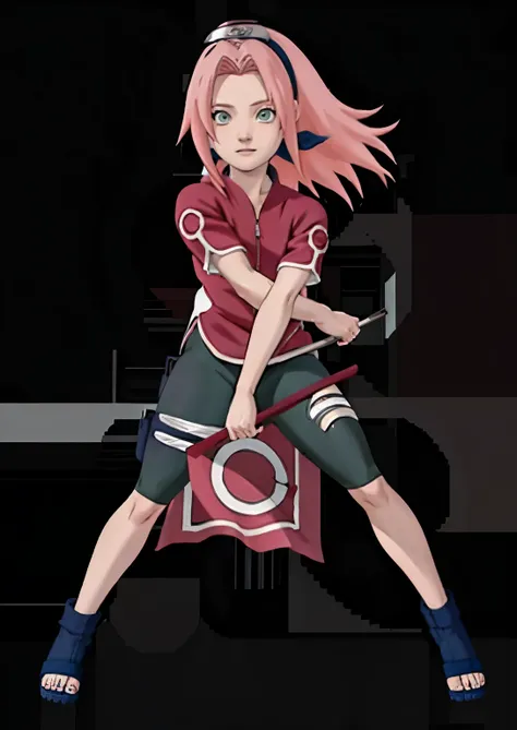 ((masterpiece: 1.2)), ((high quality)), (detail), High quality, a girl in a red T shirts and black leggings, black yoga pants, haruno sakura, sakura haruno, sakura haruno in slug sage mode, from naruto, happy!!!, badass pose, two legs and thigh open, perfe...