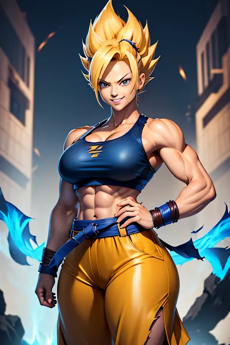 super saiyan female solo、battle damage、blonde、blue belt、field&#39;eyes、muscle tissue、muscular woman、spike hair、Super Saiyan、Super Saiyan 1、Relaxed smile、torn clothes、Wristband、big and full breasts:1.5