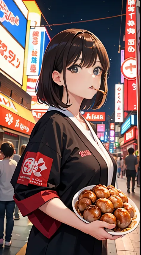 Osaka Dotonbori,girl,huge ,Takoyaki,Eating around