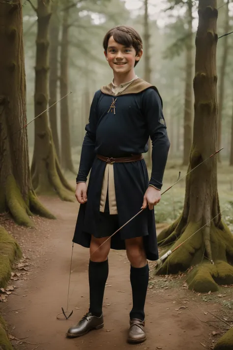 England, 1327. A little ((((10-year-old)) Ralph Fitzgerald)), tall, athletic, intense eyes, ambitious, with an archery bow and arrow, in the forest, ((happy expression)). ((((clothings from the 1300s)))), ((dark hairstyle of the 1300s))