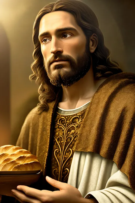 a highly detailed and realistic image of jesus christ, skillfully crafted, as he raises his hand to bless a freshly baked loaf o...