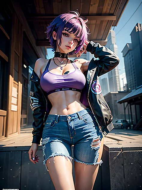 Natalina Aurora, short purple hair on her back and long on her temple, jeans shorts, magnum revolver