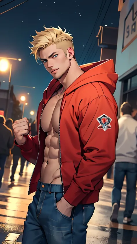 ((best quality)), ((Masterpiece)), (details), perfect face,high definition,Masterpiece,4k,detailsชัดเจน,,Ed,หน้าhandsome,white skin,blonde hair,perfect body,male body,strong muscles,Wavy abdominal muscles,Abs,blue eyes,white skin,Jeans,black underwear coll...