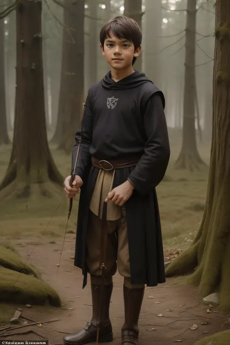 England, 1327. A little ((((10-year-old)) Ralph Fitzgerald)), tall, athletic, intense eyes, ambitious, with an archery bow and arrow, in the forest, ((happy evil expression)). ((((clothings from the 1300s)))), ((dark hairstyle of the 1300s))