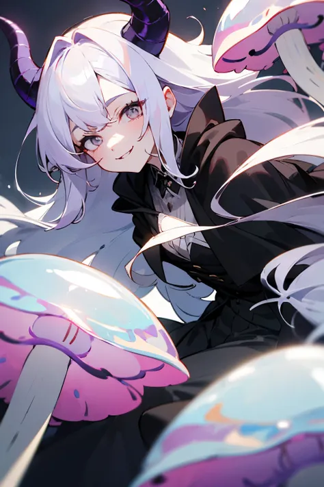 Jellyfish Hair，half twin，long hair that reaches waist，Hair color with gradation from purple to white，black suit，black skantz，black cloak，Drooping eyes，devil&#39;s horns，Marume，white eyes，black boots，smile，1 person，Demonic world，face close up