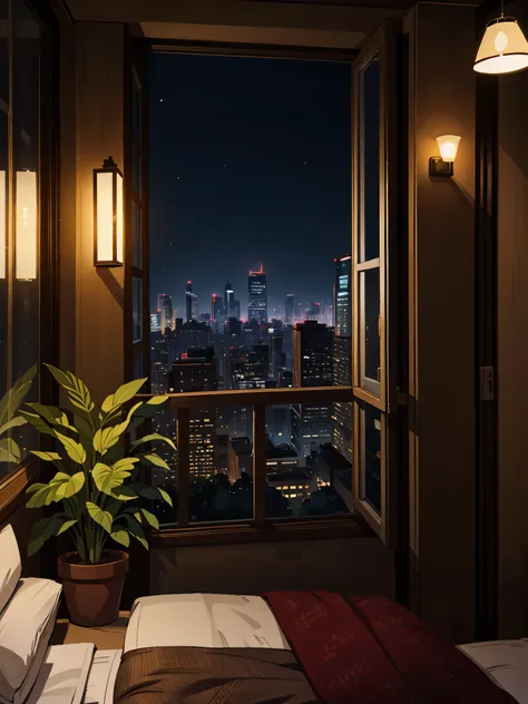 masterpiece, best quality, 40 k, photorealistic, cinematic light, hotel room, window, (plant in a pot:0.5), (cityscape in the ba...