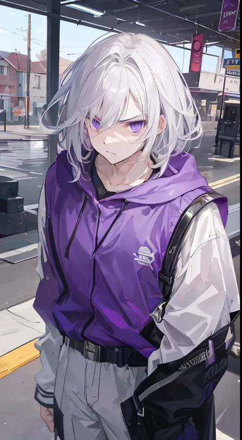 Generates a man with white hair and purple eyes, wearing casual clothes, he was angry, like he was talking