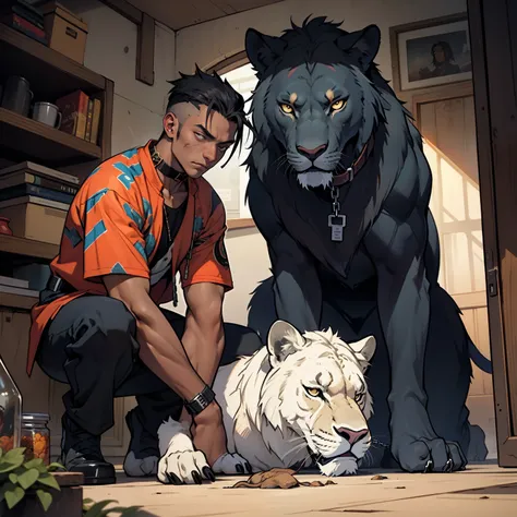 Perfect face, male 30y dark skinned zombie (dark skinned:0.9), black hair, collar, chain, one-eyed, sitting next a huge African Lion:0.7, contemplation, dark tones, two-dimensional, comics, masterpiece rich details, "unlikely inseparable friends" theme,