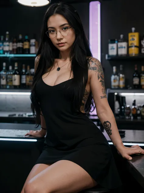 Photo of a 20 year old woman with long black hair, in a short white cocktail dress sitting at the bar of a nightclub looking at the camera, she is tattooed and wearing a necklace and high heels, the area is neon lit and there are glasses on the bar. Nikon ...