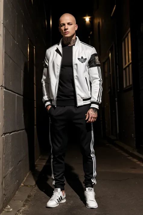 Hot german skinhead, in an alley, at night, shirtless, jacket with an eagle on it, with a swastika, skinhead boots, white laces, adidas