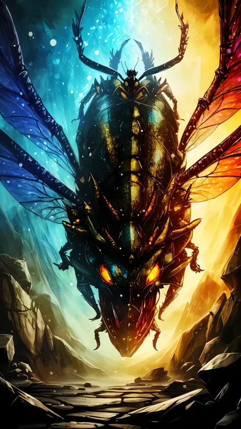 (8K, RAW photo, 最high quality, masterpiece:1.2), High-definition RAW color photo, Professional photo shoot, cinematic light, RPG design, dark fantasy graphics, insect monster, Dragonfly, ((Overall shot)), (A giant fly with dragon scales and powerful jaws.:...