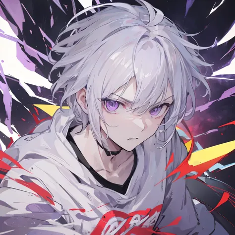 A man!!!!!!, potrait, wearing a casual clothes, white hair, purple eyes, angry expression, talking a person, sharp short hair