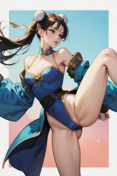 NSFW chun-li from street fighters series , no panty , kick in the streets , dragon background , perfect eyes ,