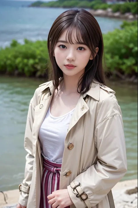  (8K, RAW photo, highest quality, masterpiece:1.3), (realistic, photo-realistic:1.4), (Highly detailed 8K wallpaper), sharp focus, Depth of written boundary,
 japanese idol,very cute, baby face,(trench coat:1.3),(long hair and straight hair :1.3), Upper bo...