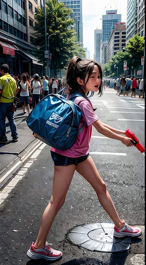 a girl, holding a water gun, water festival, water splash, water on the street, fullbody, kids running on the street, city street, crowed people, everybody happy, everybody hold water gun