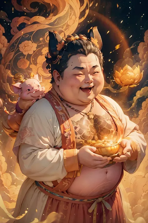 Amidst the ethereal expanse of the cloud-dotted sky, the jovial figure of the Fat Buddha came into view. His rollicking laughter echoed through the heavens, filling the air with a sense of joy and contentment. His realistic features bore the creases of a t...