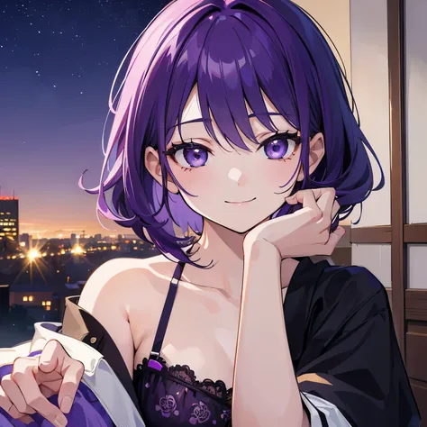 (T Masterpiece，4k wallpaper，best quality))、((girl１people))、(solo)、Brilliant，(purple hair)、(shortcut:1.3)、close up of face、smile、Bedroom、night、nightwear