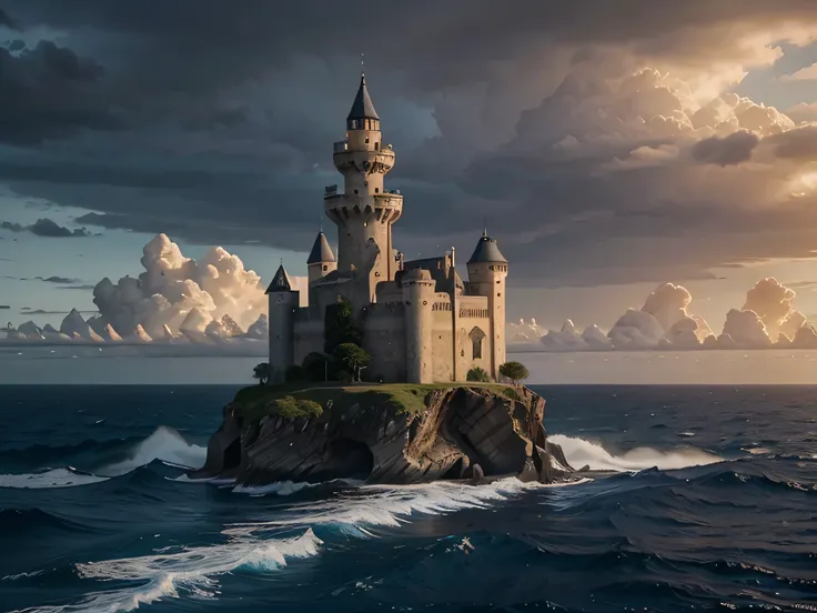 Um antigo castelo em forma de torre, muito alto, no meio do oceano envolto em rocha, mar agitado, nuvens cinzentas, 4k, 60fps, Full hD, Widescreen 16:9, 10 bits por pixel, h.265, 50Mbps