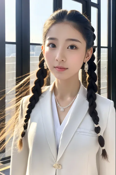 A classical beauty in pure white gymnastic uniform, Tokyo, with two thin twisted braids, soft appearance, beautiful clear eyes, exquisite necklace and earrings, inside the gymnasium, the ultimate in detail, beautiful feet, as photo-realistic!