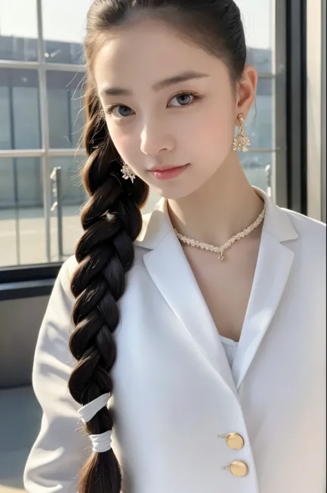 A classical beauty in pure white gymnastic uniform, Shanghai, with two thin twisted braids, soft appearance, beautiful clear eyes, black pupils, exquisite necklace and earrings, inside the gymnasium, the ultimate in detail, beautiful feet, as photo-realist...