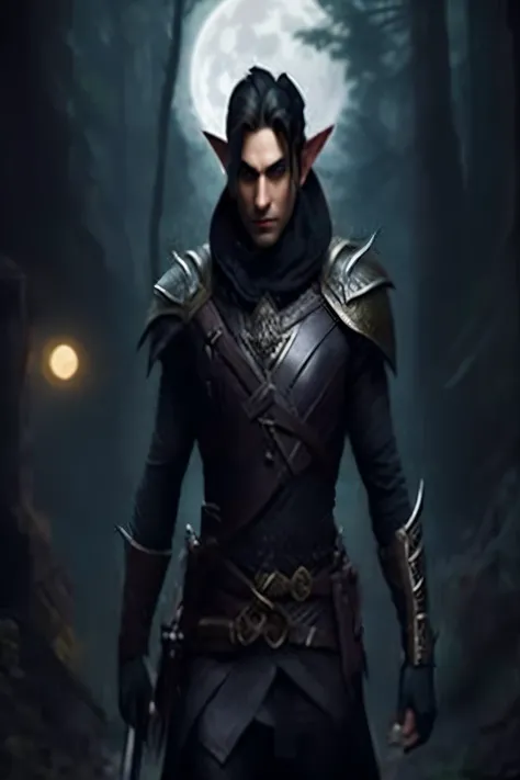 man in a dark forest with a sword and full moon, Male Elf Ranger, male elf, красивый male elf, Elven Man, a portrait of male elf, as character dnd, wood elf male robber, Персонаж Dungeons anD Dragons, Caleb from Critical Role, tiefling rogue, dark Elf, I a...