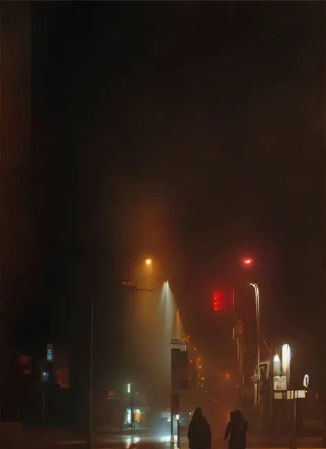 Street night scene，Two boys walking down the street，Hand in hand，One tall and one short, midnight mist street lamp, Fog lights, Atmospheric fog and lighting, 城市午夜Fog lights, light through fog, foggy night, dim lights and fog, Symmetric lights and fog, nigh...