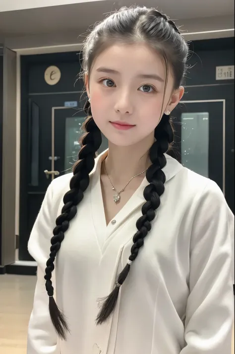 A classical beauty in pure white gymnastic uniform, Shanghai, with two thin twisted braids, soft appearance, beautiful clear eyes, black pupils, exquisite necklace and earrings, inside the gymnasium, the ultimate in detail, beautiful feet, as photo-realist...