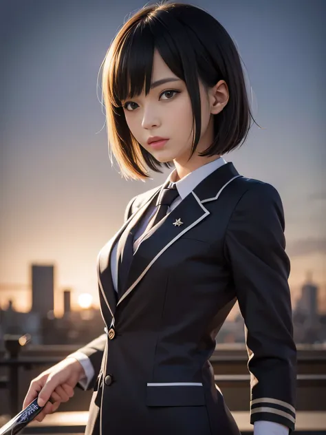 Japan holding a sword、Point the tip of the sword at the camera.、prepare for battle、18 year old high school girl、blazer uniform、stern expression、Short bob with black hair、Big city landscape at night