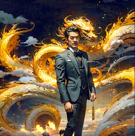 A asia man in black suit, a cloudy gold dragon  around, ultra-detailed, ultra-realistic, masterpiece 