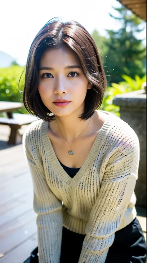 (highest quality, 8K, 32K, masterpiece, UHD: 1.2), cute japanese women pictures, very short bob hair, face focus, (extra large size_sweater,:1.1) necklace, Bokeh background, view audience, leaning forward, whole body