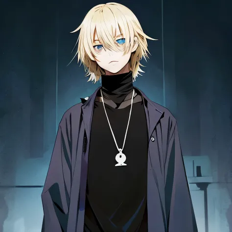 anime style、blonde、Blue eyes、Wearing black-based clothing、There are bruises on the body、wear a black ribbon around your neck、boy holding a shotgun