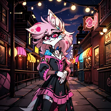 In the solitary realm of Hazbin Hotel, a captivating feminine deer and wolf hybrid demon is the sole character, mesmerizing with her unique presence. Adorned in a color pattern of blue, pink, and black, she combines the elegance of a deer with the fierce a...