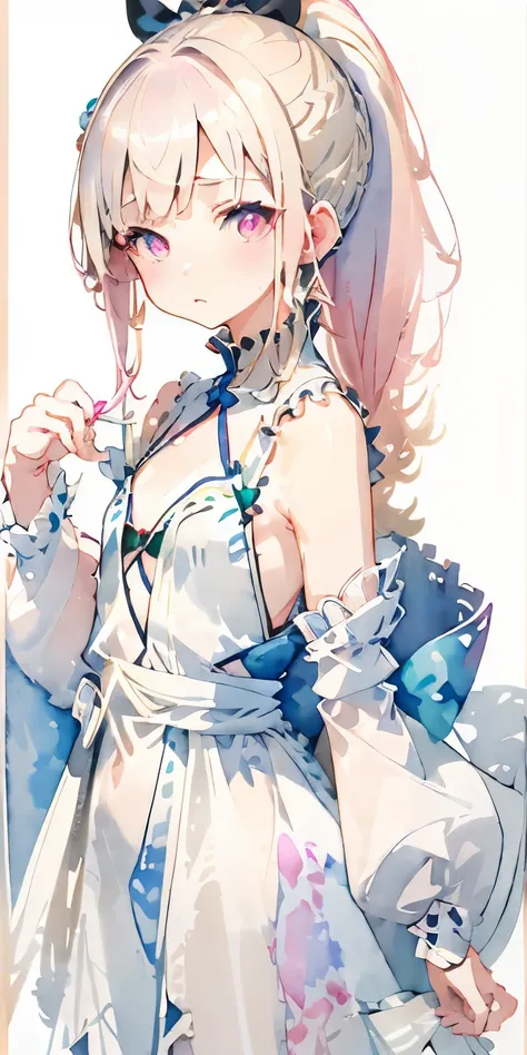 (((Light colored watercolor style background:1.2)))、one girl、１６talent、anatomy、small face、small、small鼻、pale pink eyes、Loosely braided low ponytail、light pink hair、small breasts、black dress open neck dress、random pose、highest quality、High resolution、High res...