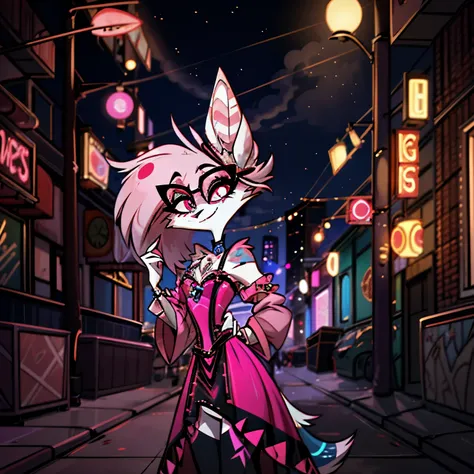 In the solitary realm of Hazbin Hotel, a captivating feminine deer and wolf hybrid demon is the sole character, mesmerizing with her unique presence. Adorned in a color pattern of blue, pink, and black, she combines the elegance of a deer with the fierce a...