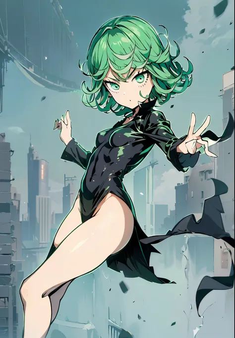 Masterpece, high quality, 1girl, tatsumaki one punch man, green hair, churly hair, green eyes, black wear, black clothes, fullbody, Sexy hentai art, realistic, detail, 8k