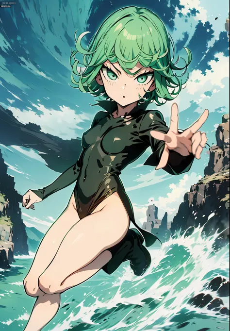 Masterpece, high quality, 1girl, tatsumaki one punch man, green hair, churly hair, green eyes, black wear, black clothes, fullbody, Sexy hentai art, realistic, detail, 8k