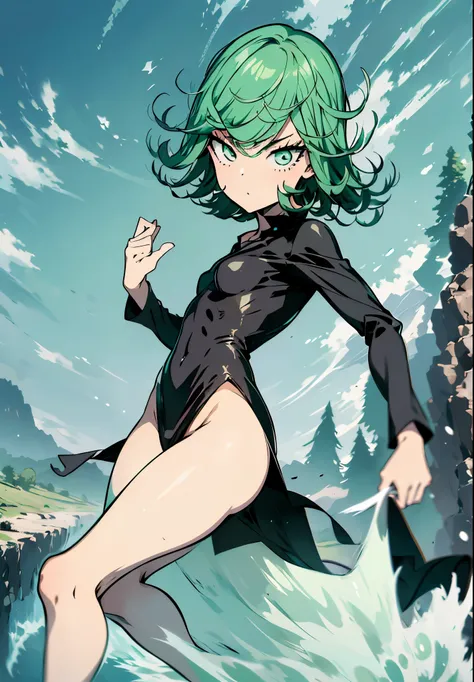 Masterpece, high quality, 1girl, tatsumaki one punch man, green hair, churly hair, green eyes, black wear, black clothes, fullbody, Sexy hentai art, realistic, detail, 8k