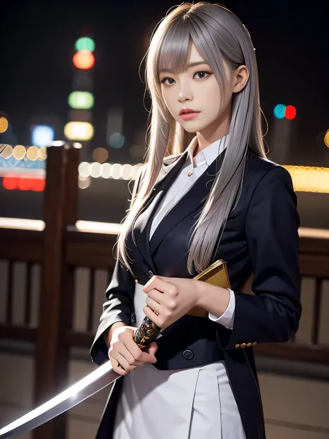 Japan holding a sword、Point the tip of the sword at the camera.、prepare for battle、18 year old high school girl、blazer uniform、stern expression、long straight silver hair、Big city landscape at night