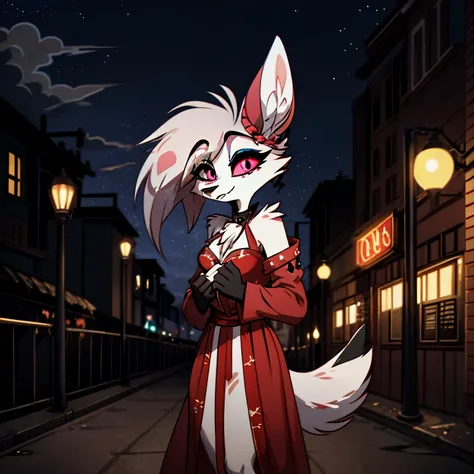 In the solitary realm of Hazbin Hotel, a captivating feminine deer and wolf hybrid demon is the sole character, mesmerizing with her unique presence. Adorned in a color pattern of blue, pink, and black, she combines the elegance of a deer with the fierce a...