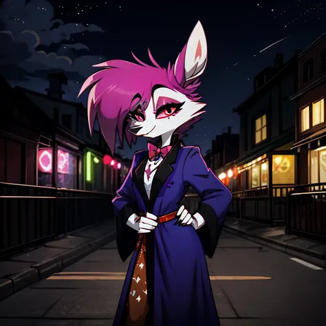 in the solitary realm of hazbin hotel, a captivating feminine deer and wolf hybrid demon is the sole character, mesmerizing with...