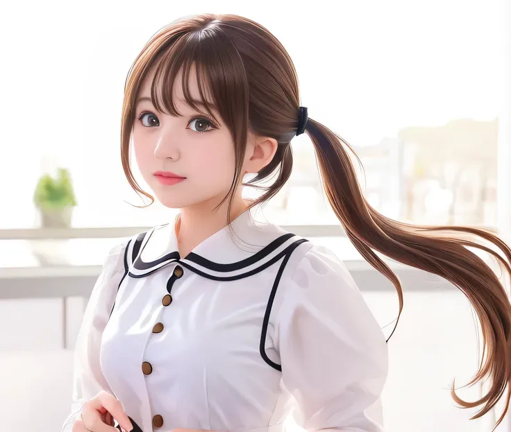 (professional photography), (real live action), cute twin tail girl, brown hair, white blouse with thin fabric,