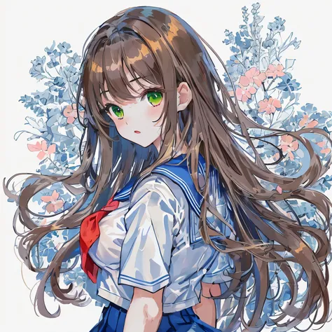 white background,masterpiece, highest quality,shape,sailor suit,slanted eyes,straight hair,side parted,super dense skin,beautiful and detailed eyes,short sleeve shirt,green eyes,(big breasts:1.1), (A raised and well-defined bust:1.1), (lifted chest:1.2), (...