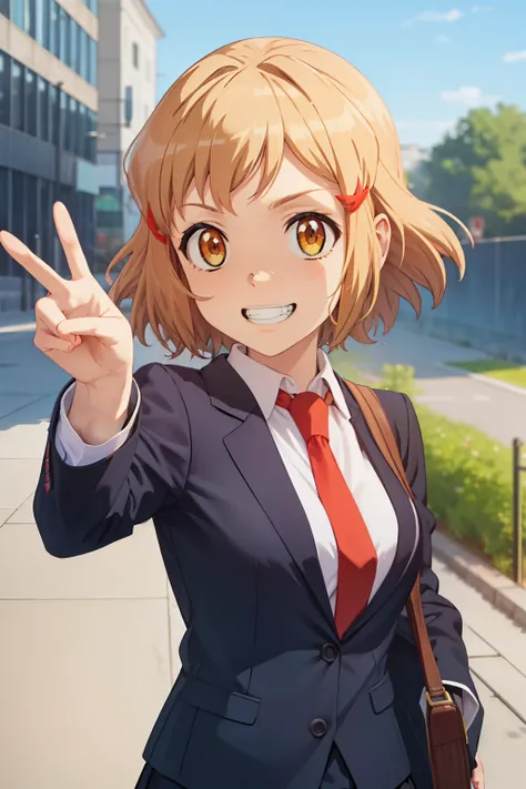 masterpiece, highest quality, look up, looking at the viewer, grin and laugh, orange ring, short hair, school uniform, (red tie:...