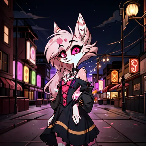 in the solitary realm of hazbin hotel, a captivating feminine deer and wolf hybrid demon is the sole character, mesmerizing with...