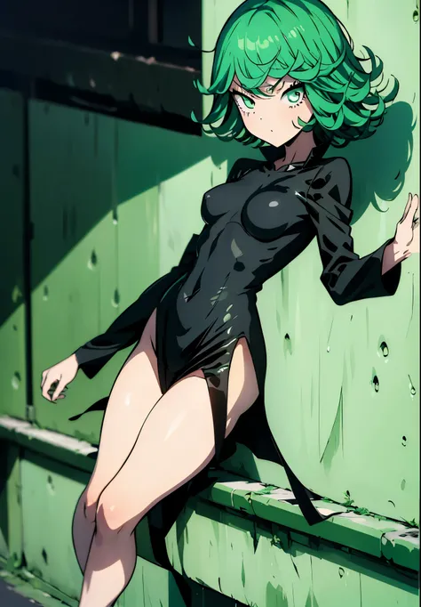 Masterpece, high quality, 1girl, tatsumaki one punch man, green hair, churly hair, green eyes, black wear, black clothes, fullbody, Sexy hentai art, realistic, detail, 8k