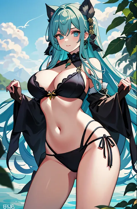 Daughter， higher， Hidden hand， сandнandй_and_green hair， Деталandзandрованные красandвые глаза， Dark blue eyes， Evil smile， medium breasts， open belly button，big breasts， big breasts Тонкая талandя，middle thigh， длandнные ногand，Высокandй корень，black silk...