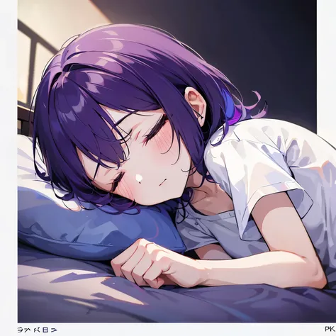 (T Masterpiece，4k wallpaper，best quality))、((girl１people))、(solo)、Brilliant，(purple hair)、(shortcut:1.3)、bed、sleeping face、sleep peacefully