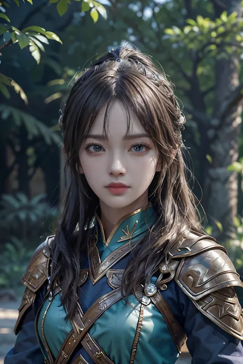 Game art，The best picture quality，Highest resolution，8K，(A bust photograph)，(Portrait)，(Head close-up)，(Rule of thirds)，Unreal Engine 5 rendering works， (The Girl of the Future)，(Female Warrior)， 
20岁少女，((Hunter))，An eye rich in detail，(Big breasts)，优雅高贵，冷...