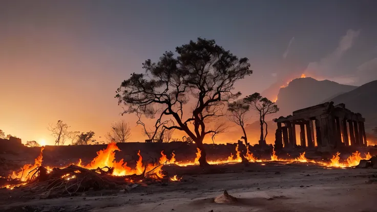 ((cinematic image)), (4k), (realistic), stony ground with many dry branches coming out of the ground, hot lava coming out of the ground (volcano lava everywhere, dry and burnt vegetation, building in the background similar to the temple of Aphrodite in rui...