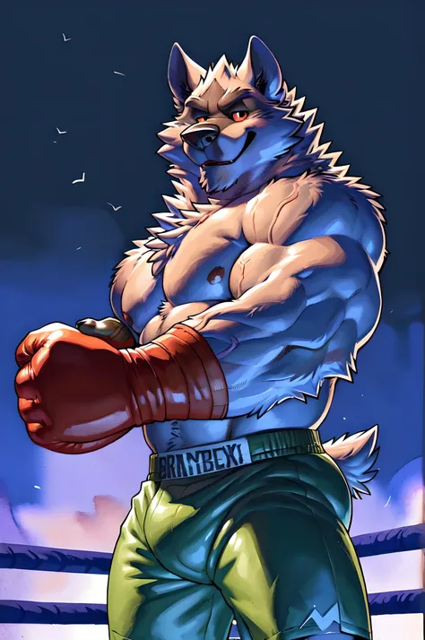 deathwolf. 4k, high resolution, best quality, detailed, posted on e621, solo, anthro body, older male, masculine:1, male, very masculine, very muscular, heavyweight, (correct anatomy):1, (bare torso:1.1), (black boxing trunks:1.4), (black detailed boxing g...